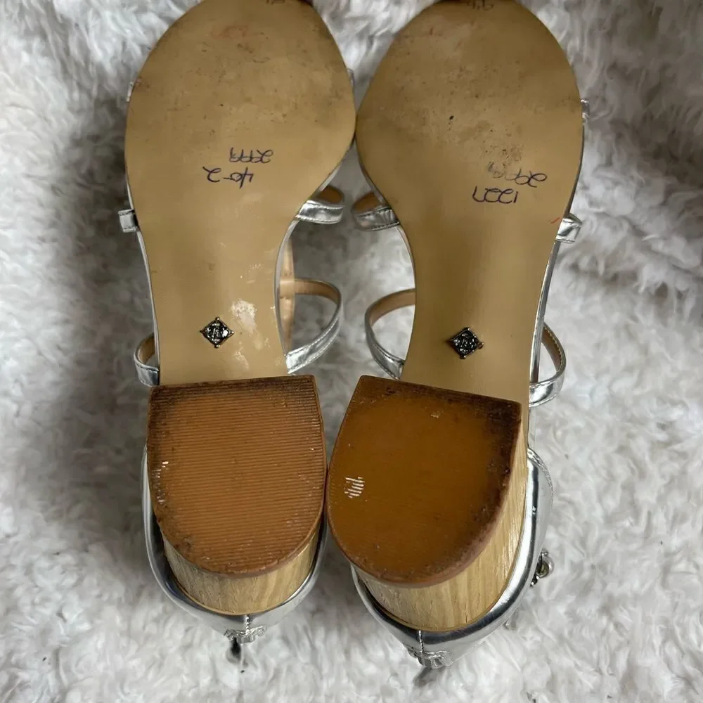 Nanette Lepore metallic silver T ankle straps sandals back zipper block 2” heels
